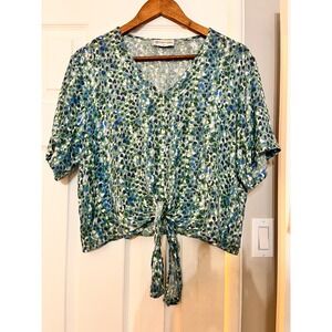 Point Zero Womens Green Blue Abstract Print Tie Front V-Neck Blouse Size Medium